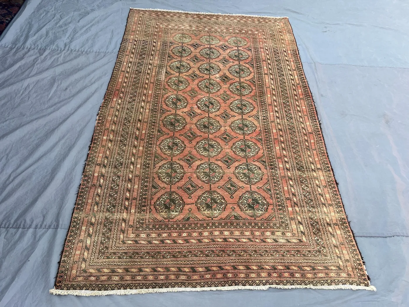 4'9x7'8 Vintage Afghan Hand Knotted Wool Rug Faded Terracotta Pink All Over Gul Octagonal Medallion Tribal Boho Living Room Bedroom Carpet