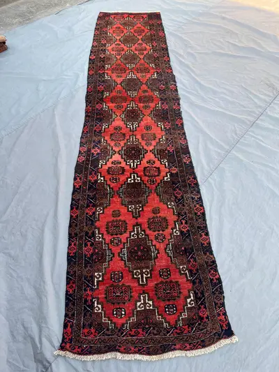 2'8x12'5 Vintage Afghan Hand Knotted Wool Runner Bold Red Navy All Over Diamond Geometric Tribal Boho Hallway 