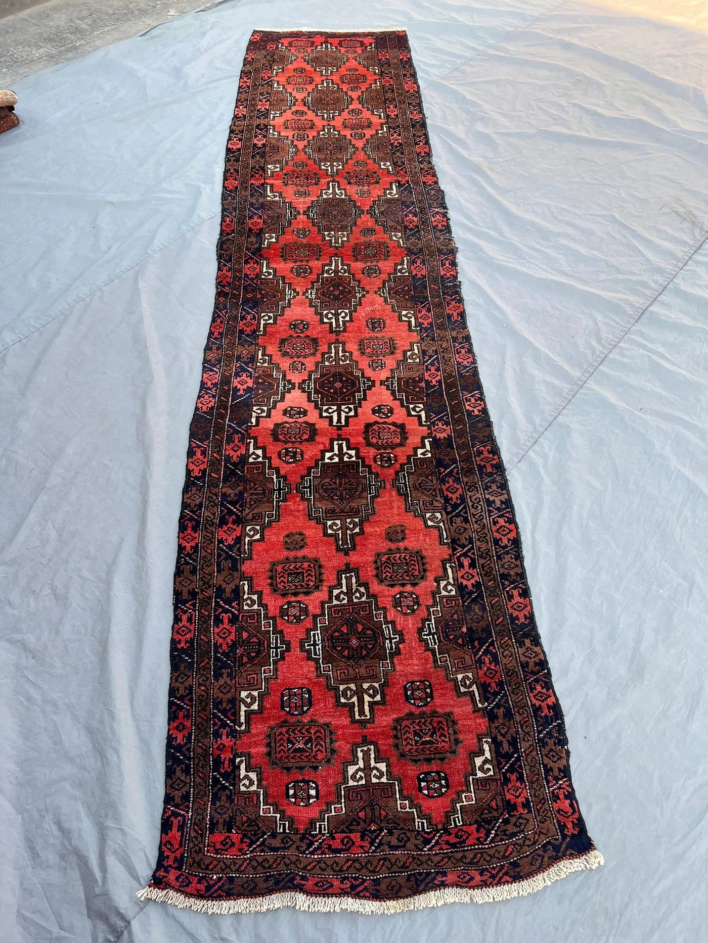 2'8x12'5 Vintage Afghan Hand Knotted Wool Runner Bold Red Navy All Over Diamond Geometric Tribal Boho Hallway Staircase Long Carpet