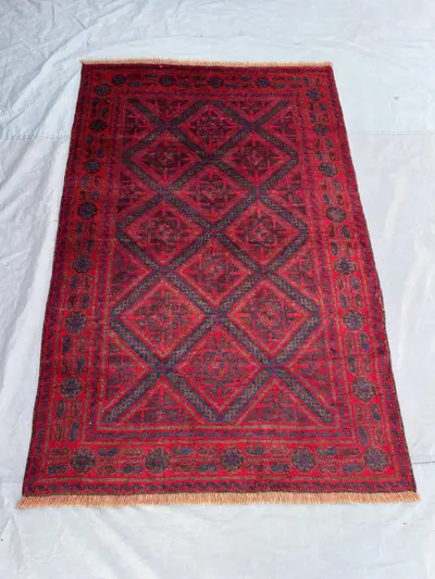 4'2x6'4 Vintage Afghan Hand Knotted Wool Rug Bold Red Navy Large Diamond Geometric All Over Tribal Boho Living