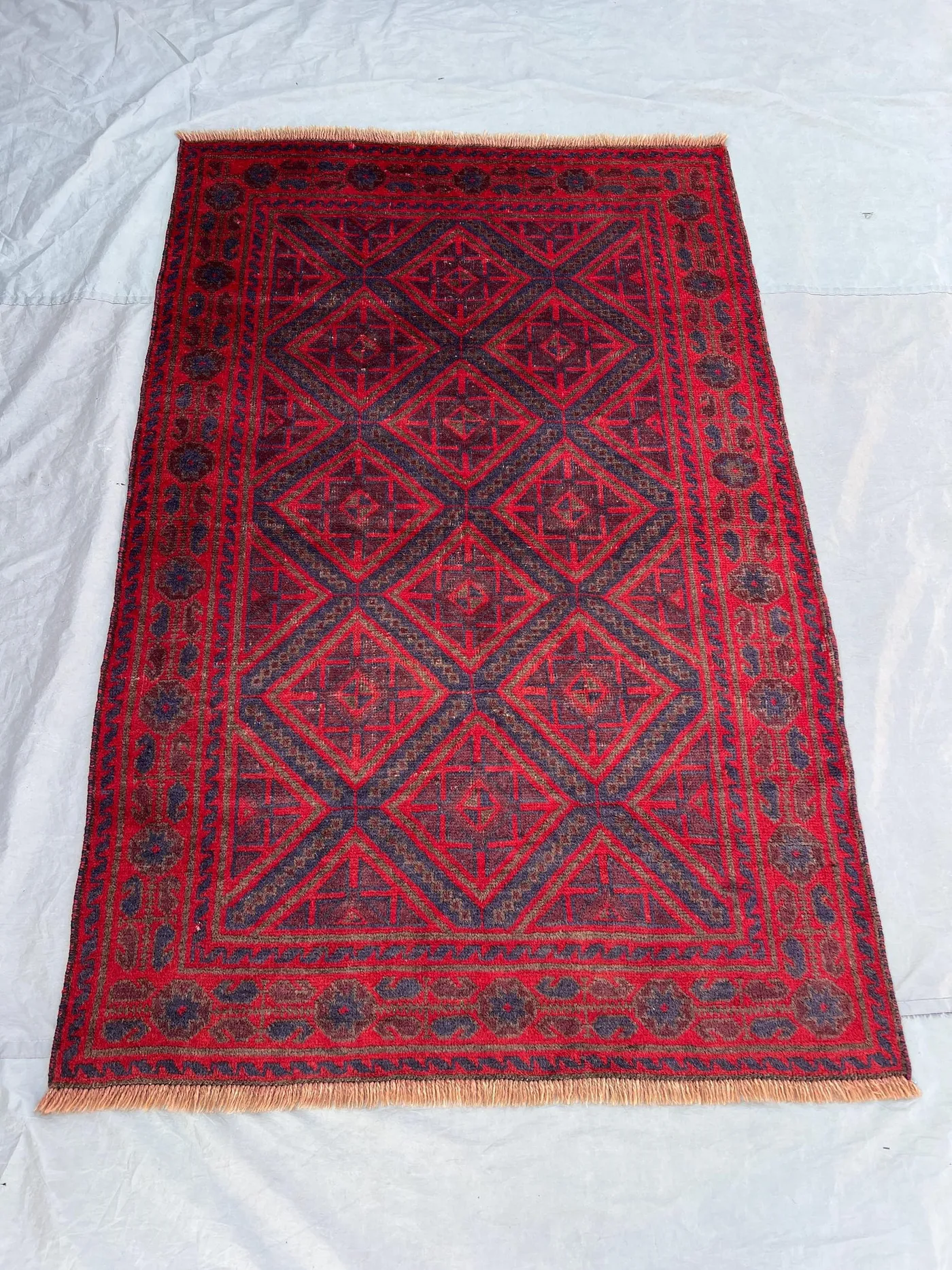 4'2x6'4 Vintage Afghan Hand Knotted Wool Rug Bold Red Navy Large Diamond Geometric All Over Tribal Boho Living Room Bedroom Accent Carpet