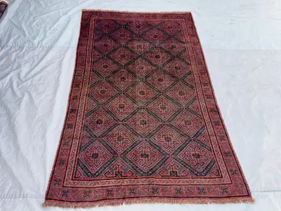 4'4x7 Ft Vintage Afghan Baluchi Handknotted Low Pile Area Rug, All-Over Greek Key Diamond Lattice Red Navy Woo