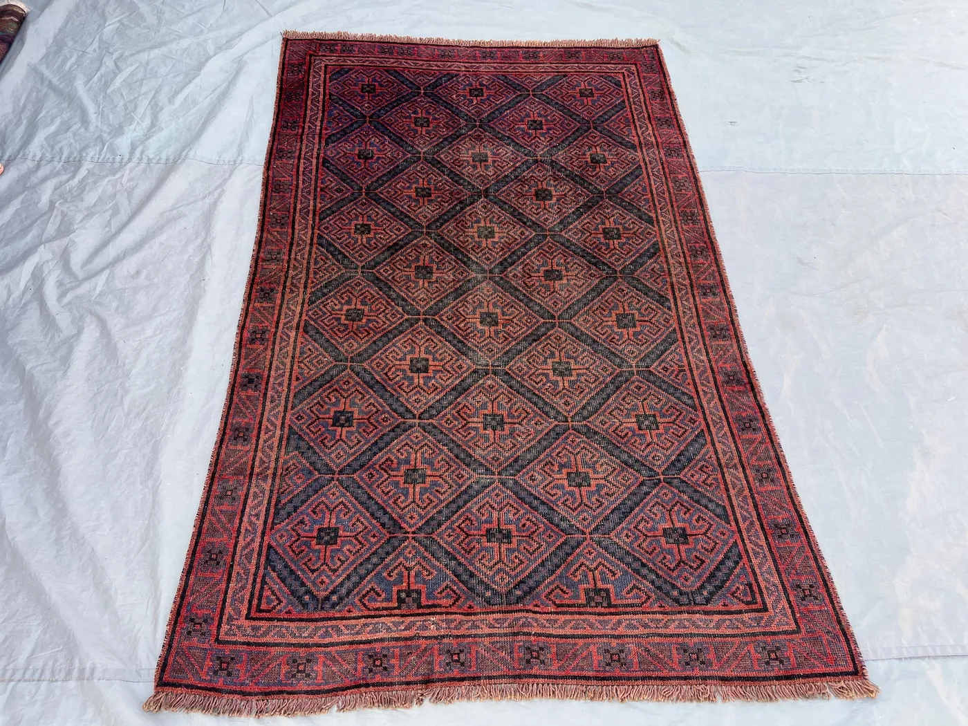 4'4x7 Ft Vintage Afghan Baluchi Handknotted Low Pile Area Rug, All-Over Greek Key Diamond Lattice Red Navy Wool | Living Room Boho Decor