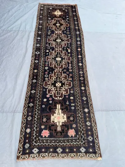 2'8x9'2 Vintage Afghan Baluchi Handknotted Medium Pile Runner Rug, Repeating Herati Rosette Dark Navy Brown Wo