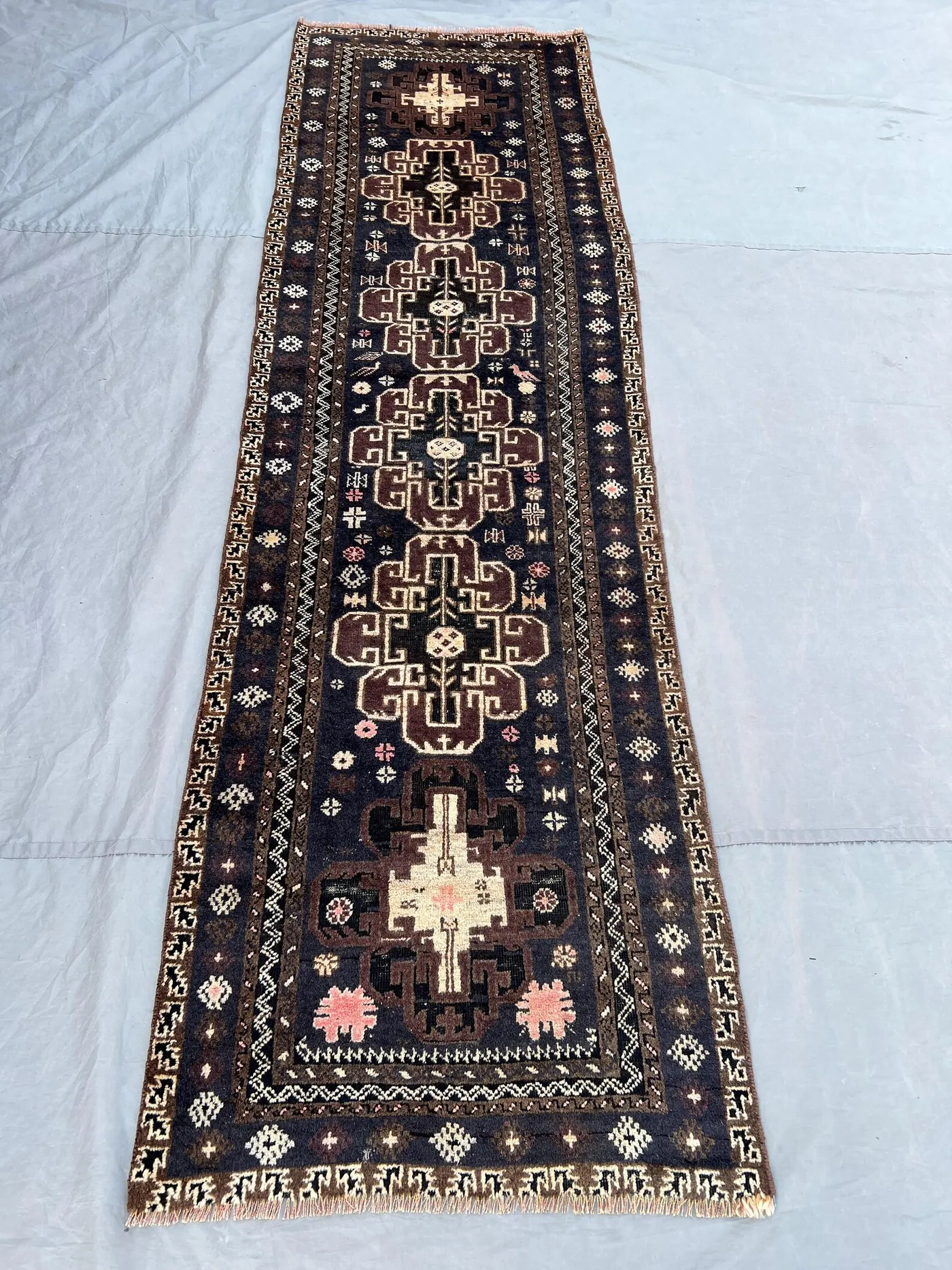 2'8x9'2 Vintage Afghan Baluchi Handknotted Medium Pile Runner Rug, Repeating Herati Rosette Dark Navy Brown Wool | Hallway Boho Decor