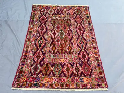 4x5'5 Vintage Afghan Soumak Handwoven Soft Pile Area Rug, All-Over Diamond Lattice Vivid Multicolor Wool | Liv