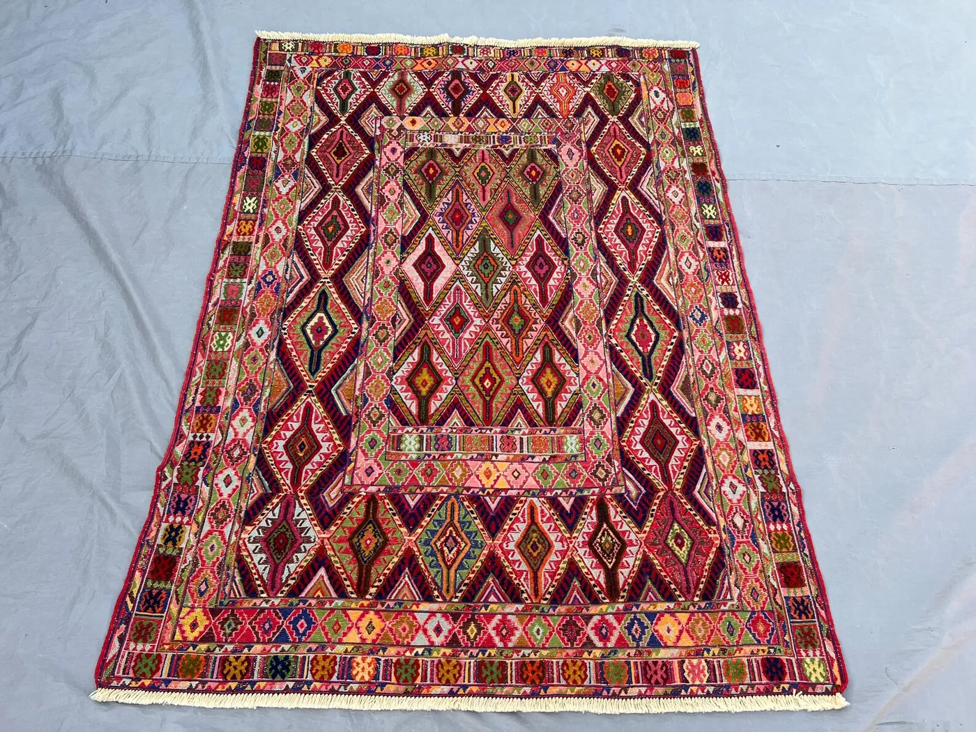 4x5'5 Vintage Afghan Soumak Handwoven Soft Pile Area Rug, All-Over Diamond Lattice Vivid Multicolor Wool | Living Room Boho Eclectic Decor