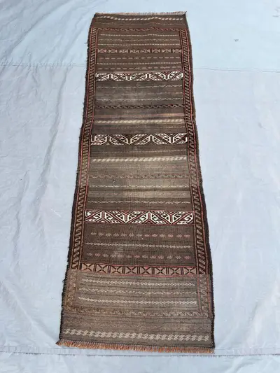 2'2x6 Ft Vintage Afghan Baluchi Mushwani Handwoven Flatweave Kilim Runner, Natural Brown Striped Geometric Woo
