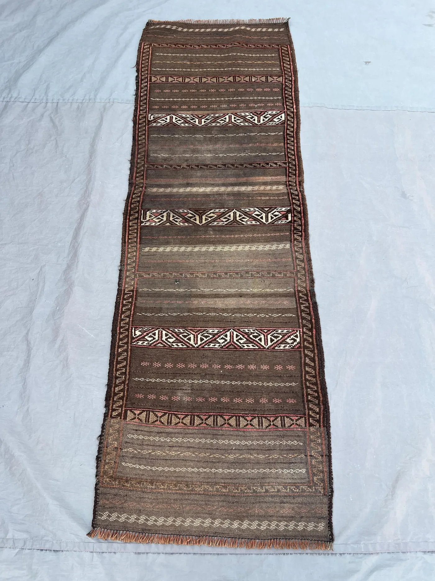 2'2x6 Ft Vintage Afghan Baluchi Mushwani Handwoven Flatweave Kilim Runner, Natural Brown Striped Geometric Wool | Hallway Boho Decor