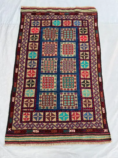 3x4'3 Vintage Afghan Wool Pile Rug Hand-Knotted Grid Panel Dot Cross Motif Navy Camel Teal Red Multicolor Acce
