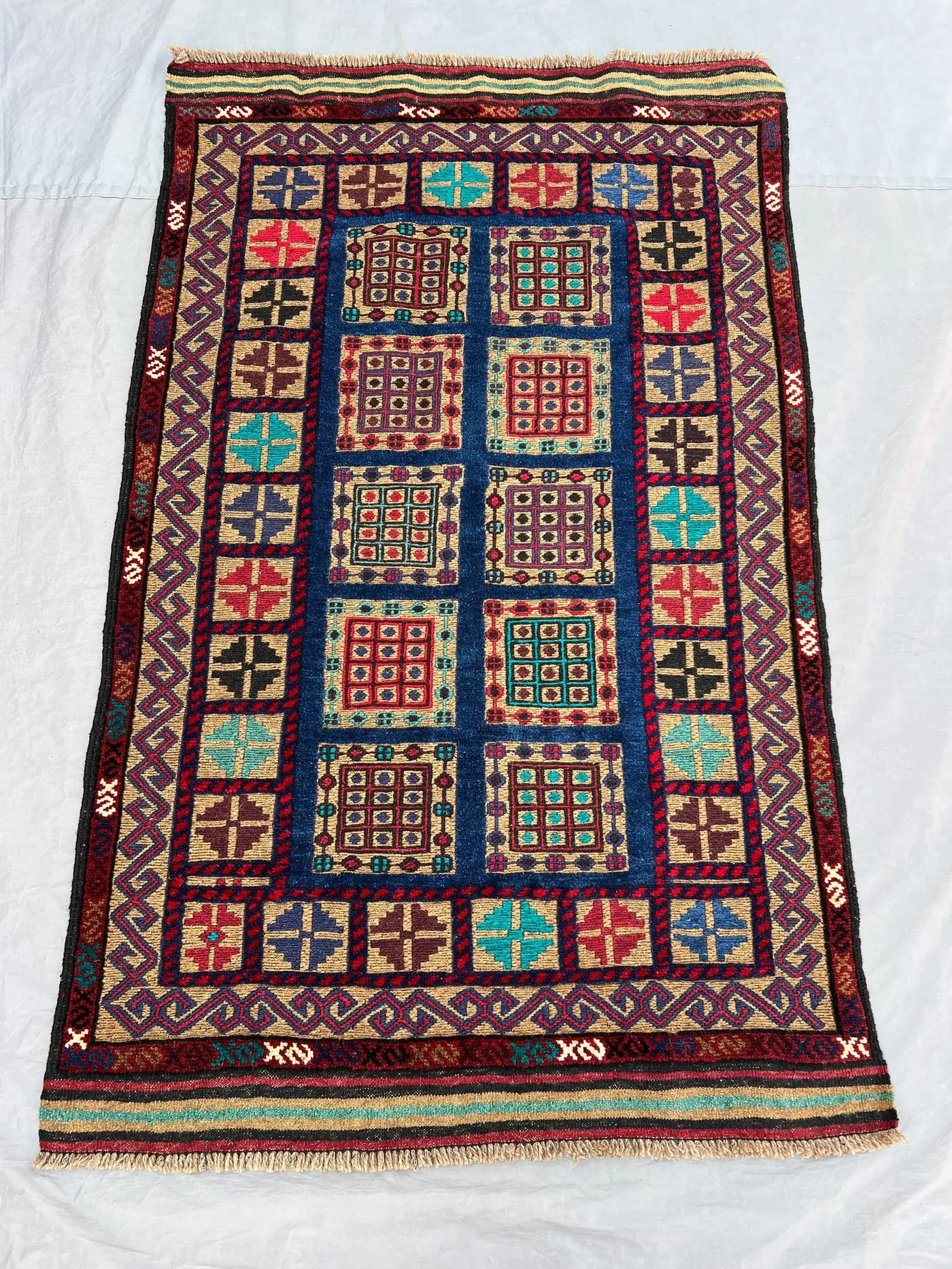 3x4'3 Vintage Afghan Wool Pile Rug Hand-Knotted Grid Panel Dot Cross Motif Navy Camel Teal Red Multicolor Accent Rug | Living Room Bedroom