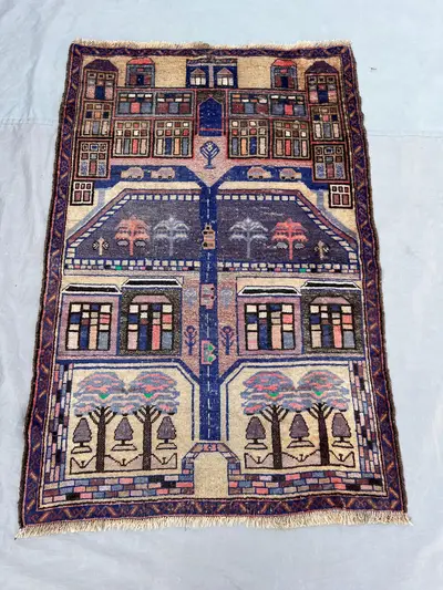 3x4'6 Vintage Afghan Pictorial Wool Pile Rug Hand-Knotted City Street Buildings Garden Trees Navy Camel Multic