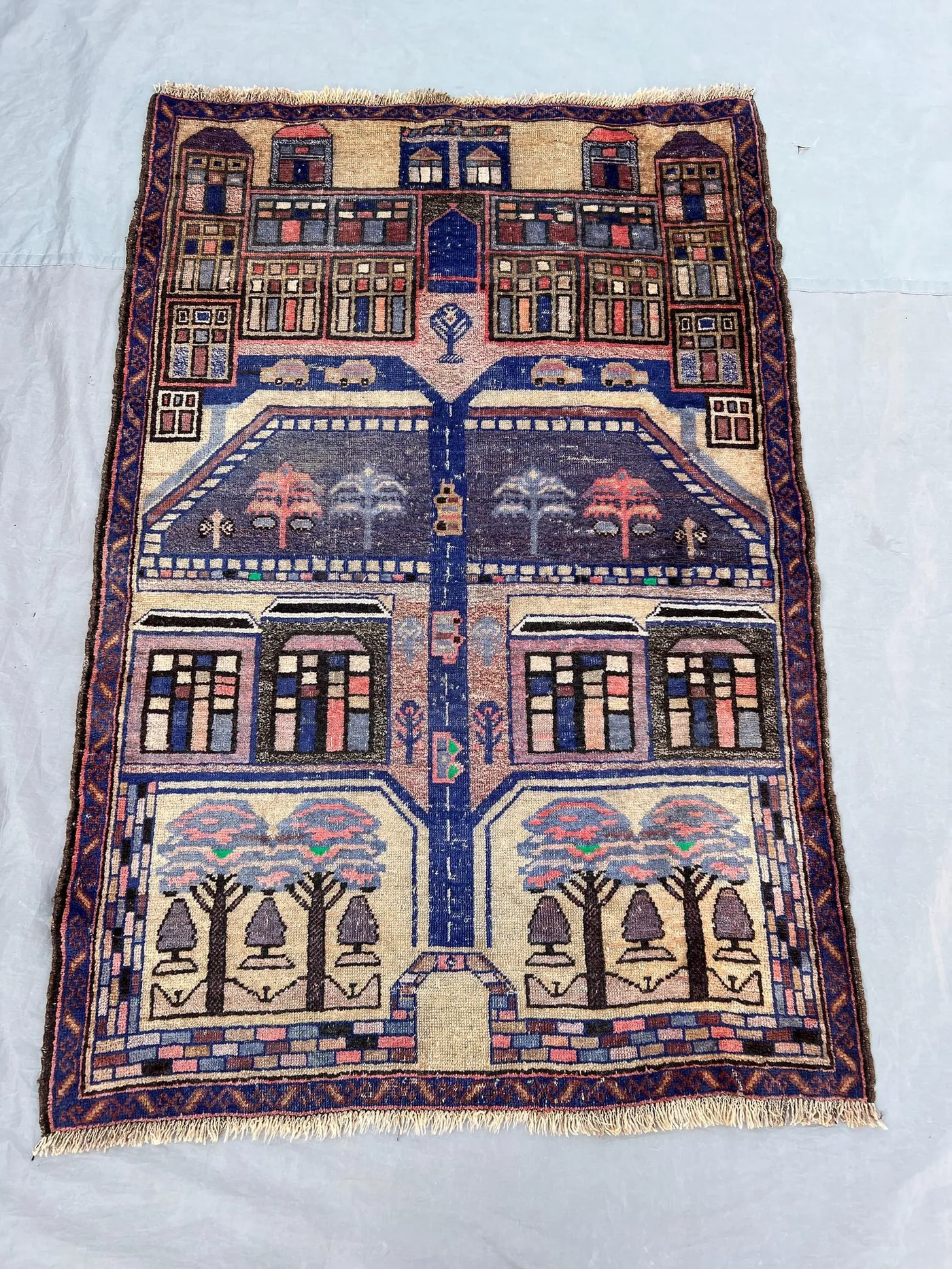 3x4'6 Vintage Afghan Pictorial Wool Pile Rug Hand-Knotted City Street Buildings Garden Trees Navy Camel Multicolor Accent Rug Wall Hanging