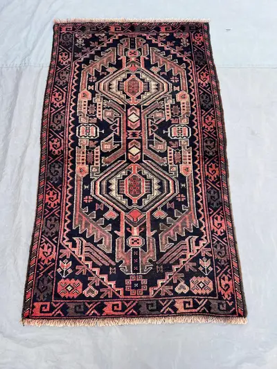 2'10x4'9 Ft Vintage Afghan Baluchi Wool Pile Rug Hand-Knotted Double Octagonal Medallion Black Coral Salmon Ac