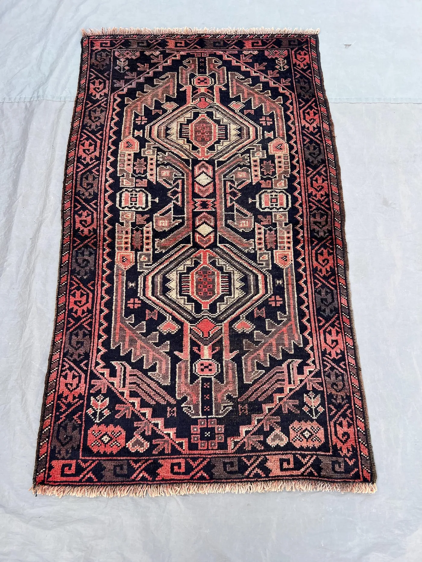 2'10x4'9 Ft Vintage Afghan Baluchi Wool Pile Rug Hand-Knotted Double Octagonal Medallion Black Coral Salmon Accent Rug | Bedroom Entryway