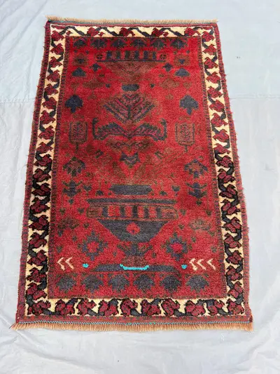 3'3x4'9 Antique Afghan Baluchi Wool Pile Rug Hand-Knotted Vase Tree Geometric Deep Red Dark Brown Teal Accent 