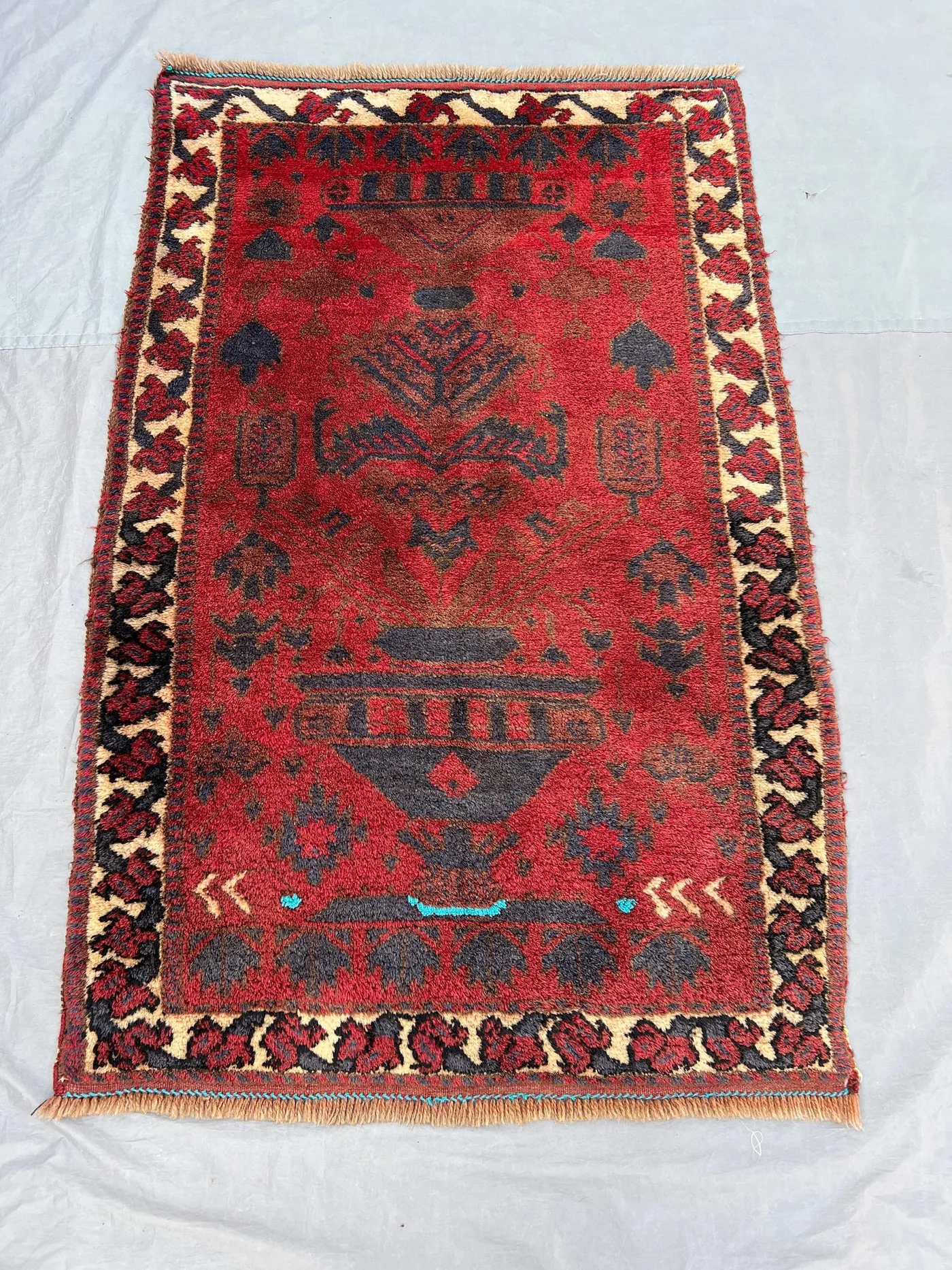 3'3x4'9 Antique Afghan Baluchi Wool Pile Rug Hand-Knotted Vase Tree Geometric Deep Red Dark Brown Teal Accent Rug | Bedroom Entryway Hallway