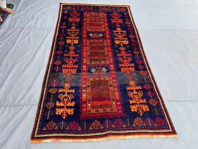 4'8x8'10 Vintage Afghan Baluchi Wool Pile Rug Hand-Knotted Triple Panel Tree Motif Deep Navy Vivid Orange Red 