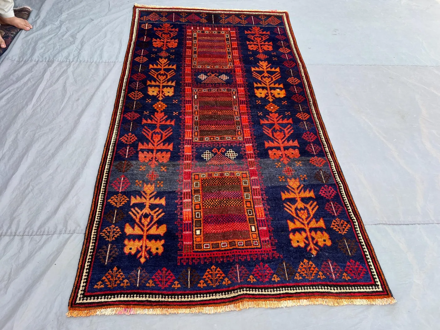 4'8x8'10 Vintage Afghan Baluchi Wool Pile Rug Hand-Knotted Triple Panel Tree Motif Deep Navy Vivid Orange Red Area Rug | Living Room Bedroom