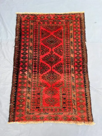 2'7x3'9 Ft Vintage Afghan Baluchi Handknotted Low Pile Accent Rug, Diamond Lozenge Chain Vivid Red Brown Wool 
