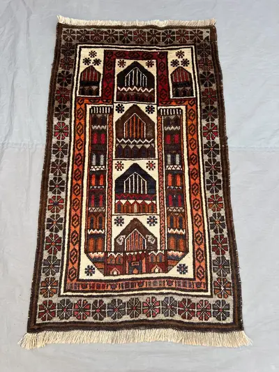 2'8x4'6 ft Vintage Afghan Pile Prayer Rug | Handknotted Pictorial Multi-Arch Mosque | Ivory & Dark Brown Wool 