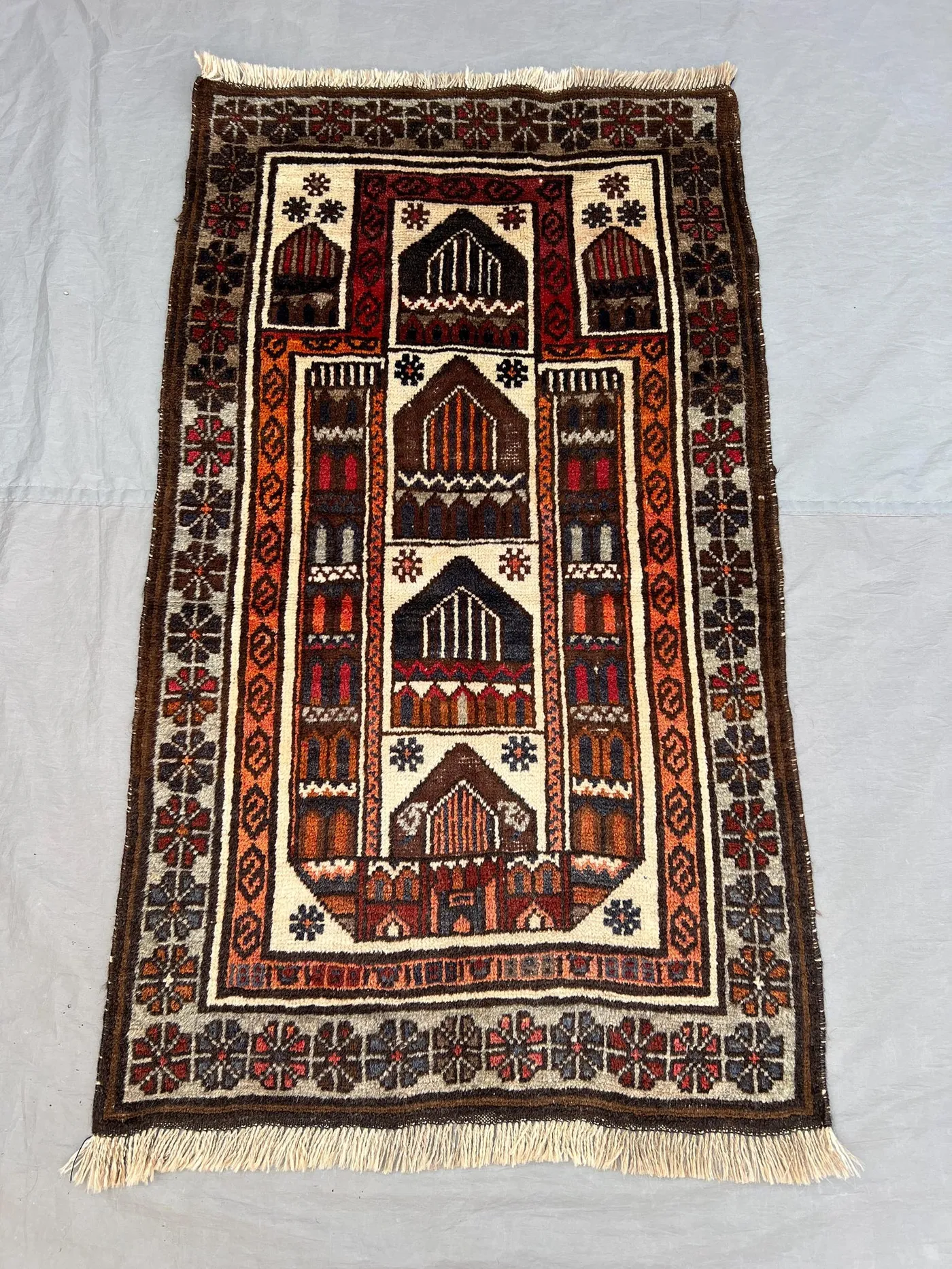 2'8x4'6 ft Vintage Afghan Pile Prayer Rug | Handknotted Pictorial Multi-Arch Mosque | Ivory & Dark Brown Wool | Accent Rug Wall Hanging