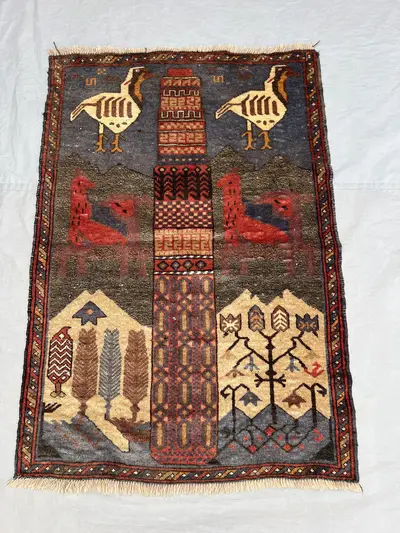 2'9x4 ft Vintage Afghan Pile Pictorial Rug | Handknotted Bird Tree & Landscape Scene | Dusty Blue Multicolor W