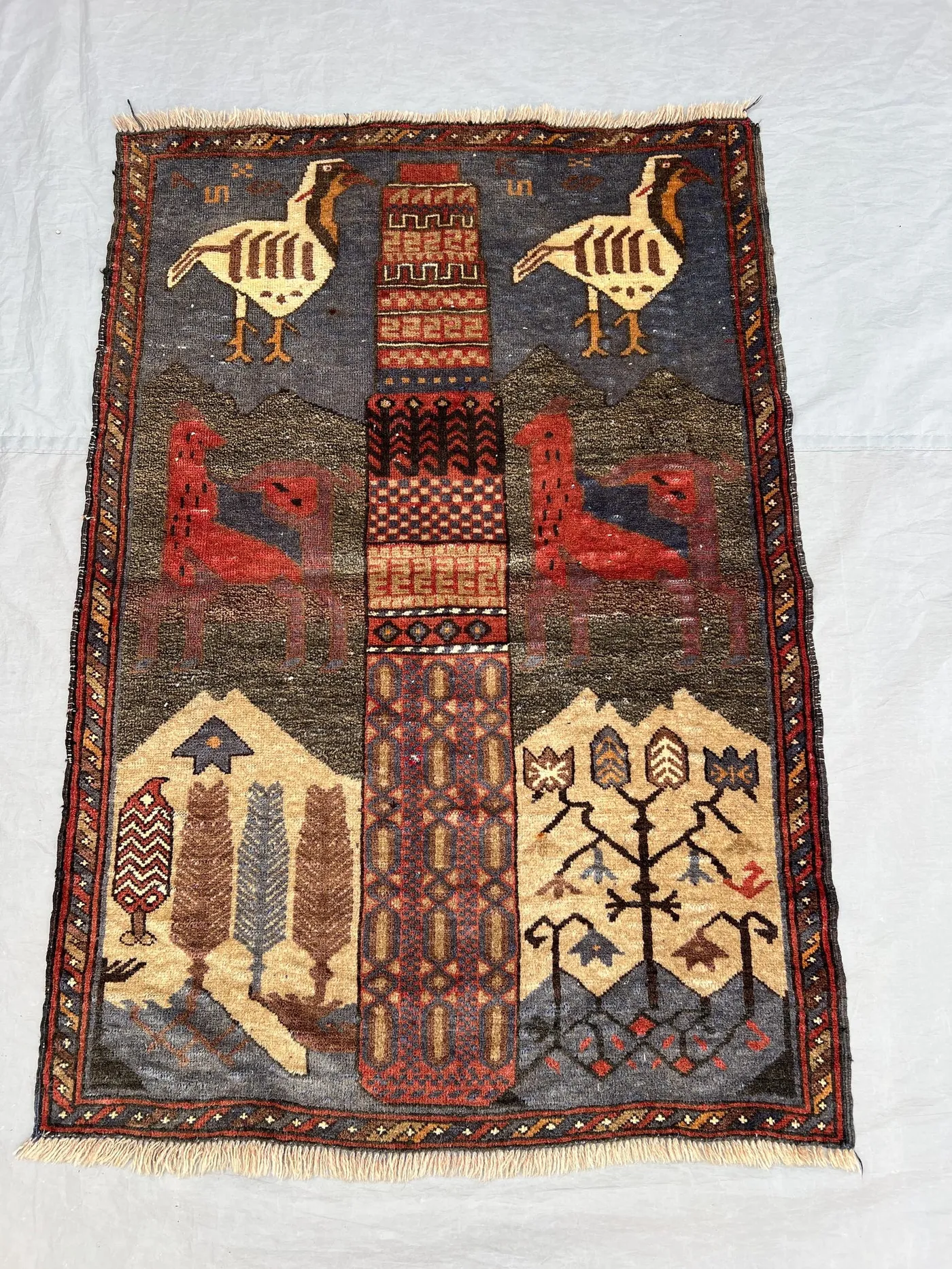 2'9x4 ft Vintage Afghan Pile Pictorial Rug | Handknotted Bird Tree & Landscape Scene | Dusty Blue Multicolor Wool | Accent Rug Wall Hanging