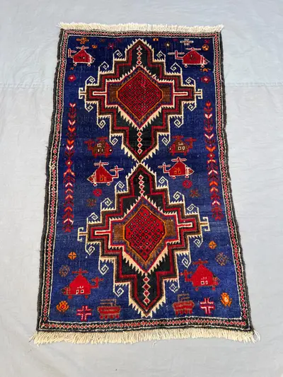 2'8x4'5 ft Vintage Afghan Pile War Rug Handknotted Tribal Double Medallion & Helicopter | Royal Blue Crimson R