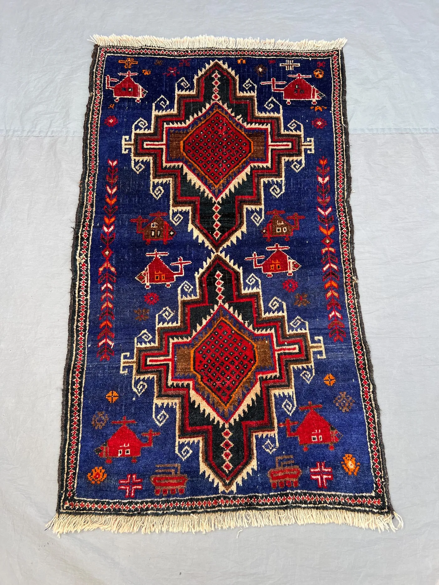 2'8x4'5 ft Vintage Afghan Pile War Rug Handknotted Tribal Double Medallion & Helicopter | Royal Blue Crimson Red Wool | Accent Rug Bedside