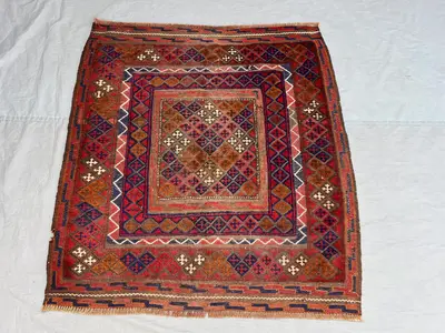 3'7x3'11 ft Vintage Afghan Pile Rug | Handknotted Tribal All-Over Diamond Lattice | Warm Tobacco & Crimson Red