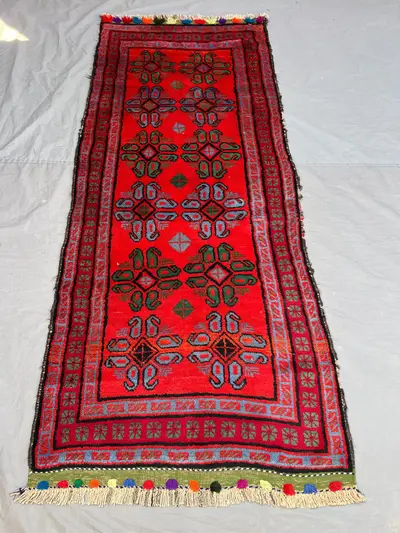 3'2x8 ft Vintage Afghan Pile Runner Rug | Handknotted Tribal Boteh Medallion | Vivid Red & Dusty Blue Wool | H