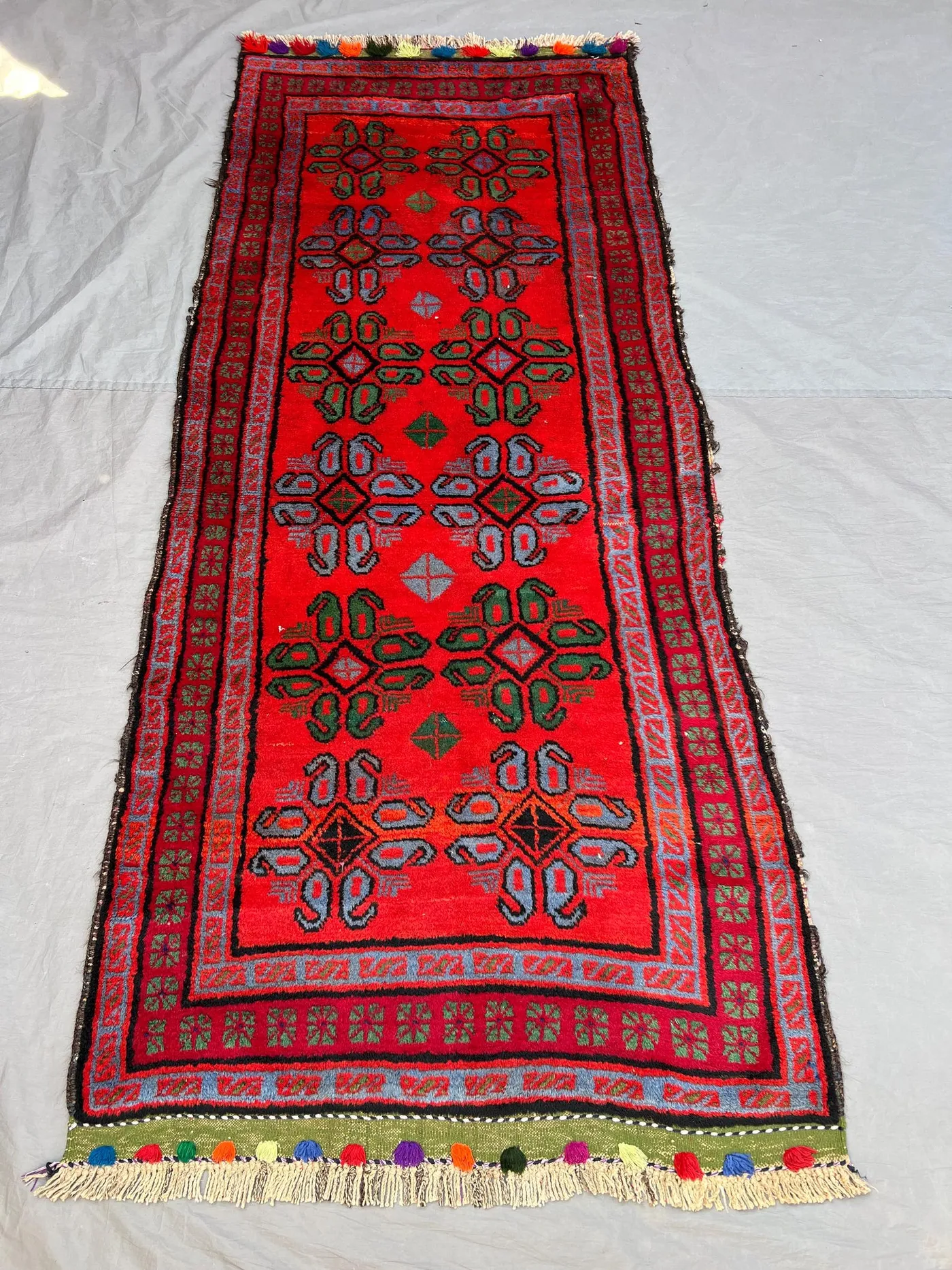 3'2x8 ft Vintage Afghan Pile Runner Rug | Handknotted Tribal Boteh Medallion | Vivid Red & Dusty Blue Wool | Hallway Runner Entryway
