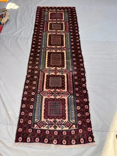 2'9x8'10 ft Vintage Afghan Pile Runner Rug | Handknotted Tribal Five Square Medallion | Warm Camel & Dark Burg