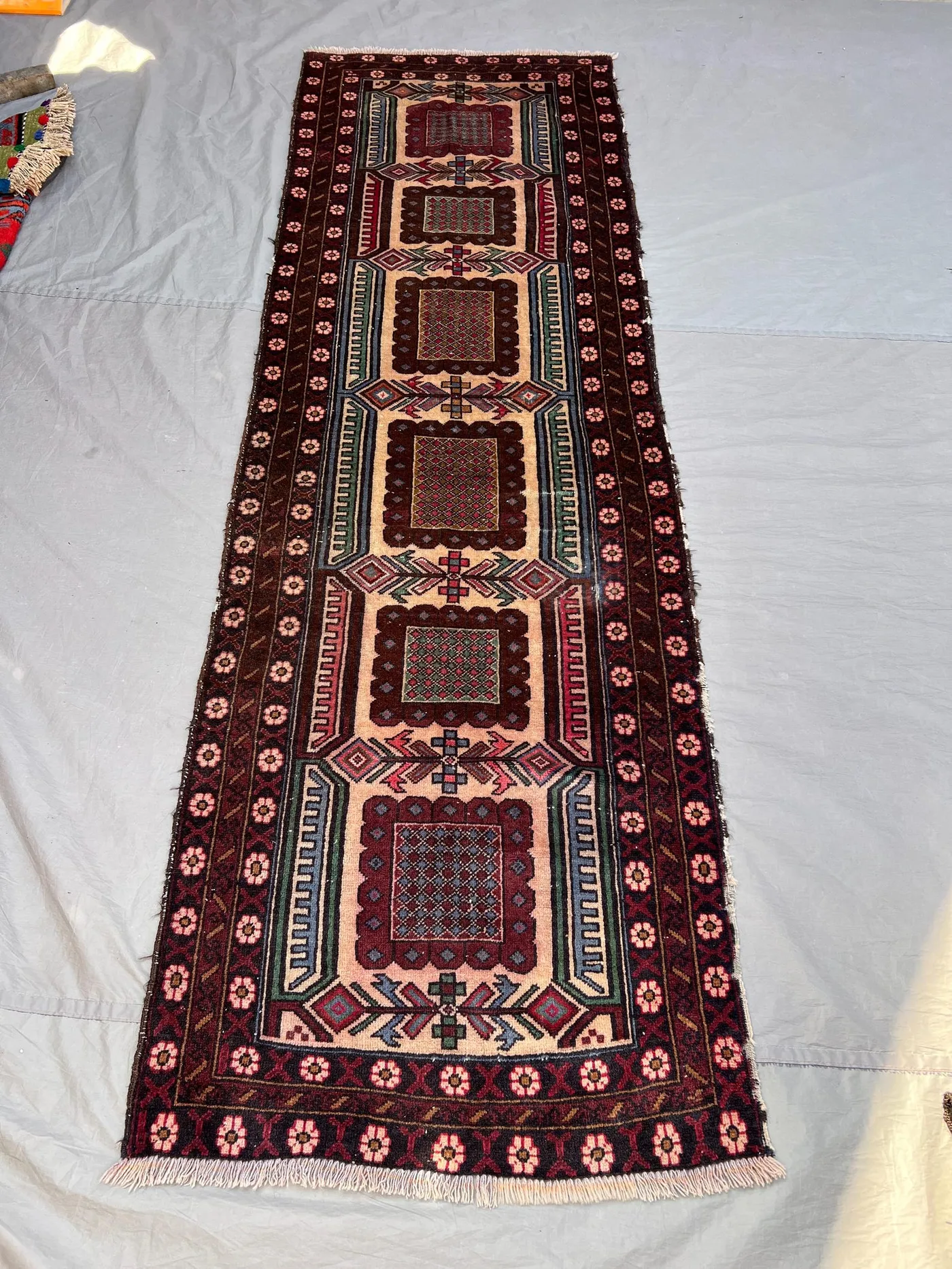 2'9x8'10 ft Vintage Afghan Pile Runner Rug | Handknotted Tribal Five Square Medallion | Warm Camel & Dark Burgundy Wool | Hallway Entryway