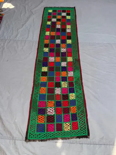 2'3x8'1 ft Vintage Afghan Kilim Runner | Handwoven Tribal Multicolor Grid Panel | Vivid Green & Rainbow Flatwe