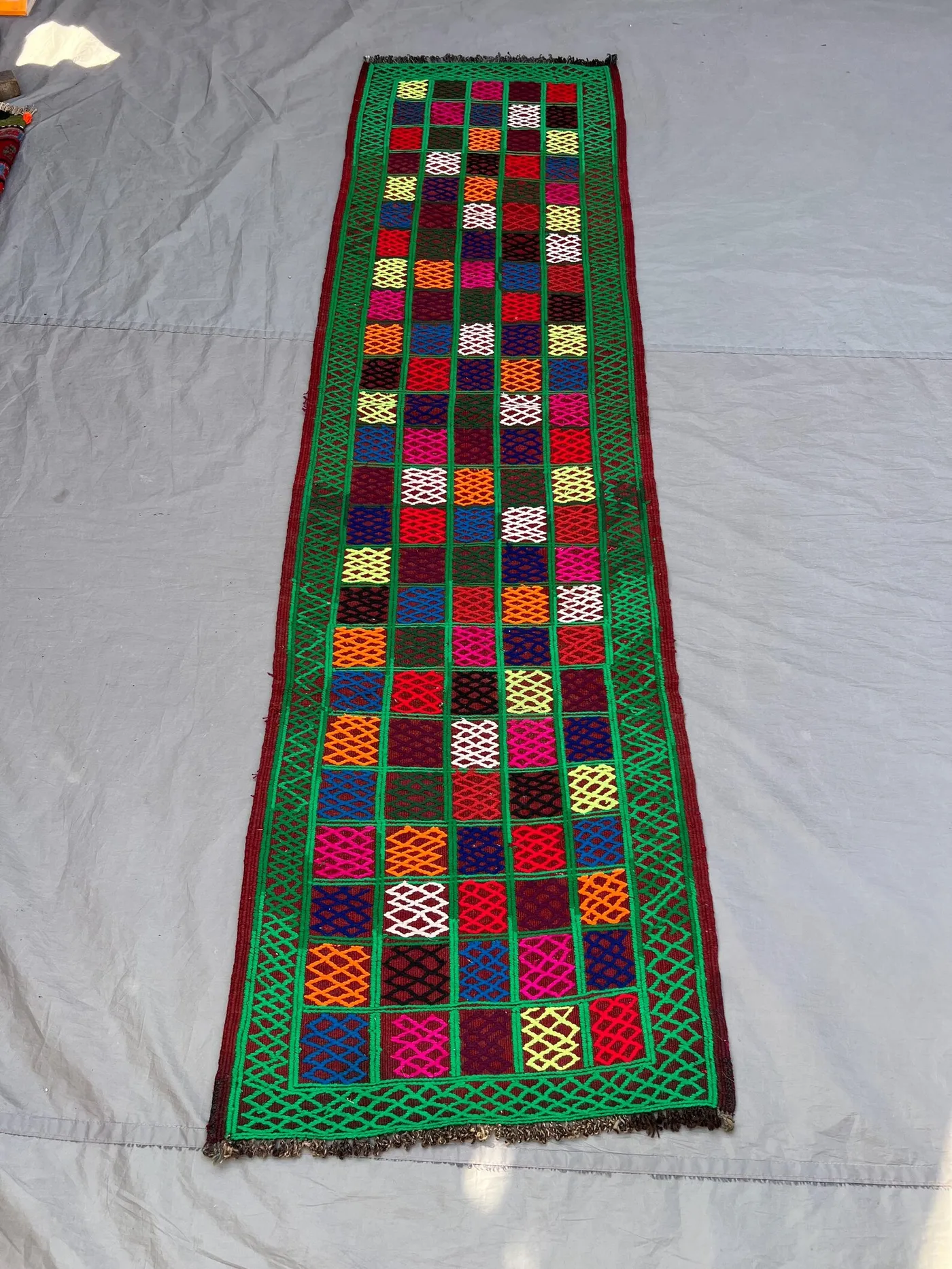 2'3x8'1 ft Vintage Afghan Kilim Runner | Handwoven Tribal Multicolor Grid Panel | Vivid Green & Rainbow Flatweave | Hallway Runner Entryway