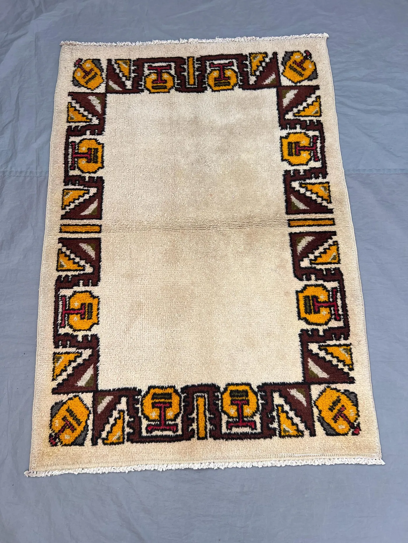 3'4x4'10 ft Vintage Afghan Pile Rug | Handknotted Open Field Bold Geometric Border | Ivory & Vivid Gold Wool | Accent Rug Bedside Entryway
