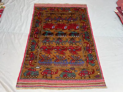 4x6 ft Vintage Afghan Pile War Rug | Handknotted Pictorial Helicopter Tank & Military | Tobacco Brown And Mult