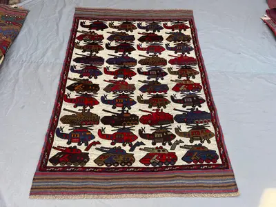 4x6 ft Vintage Afghan Kilim War Rug | Handwoven Pictorial Helicopter & Tank | Ivory Multicolor Flatweave | Col
