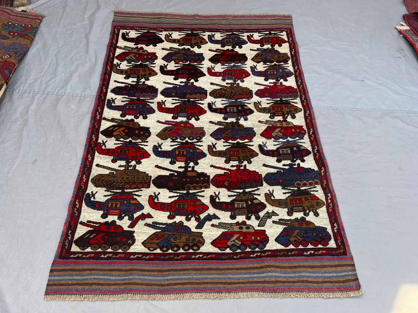 4x6 ft Vintage Afghan Kilim War Rug | Handwoven Pictorial Helicopter & Tank | Ivory Multicolor Flatweave | Collector's Piece Wall Hanging