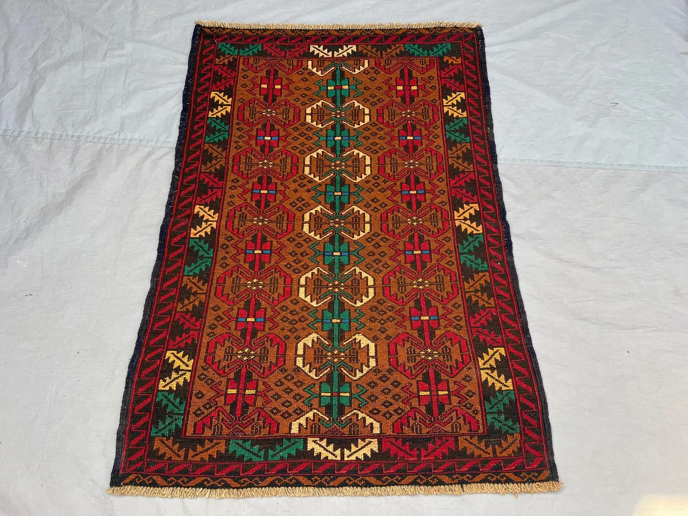 3x4'6 ft Vintage Afghan Pile Rug | Handknotted Tribal Diamond Chain Medallion | Warm Tobacco Brown & Multicolor Wool | Accent Rug Entryway