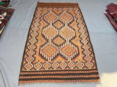 4'3x7'5 ft Vintage Afghan Kilim Rug | Handwoven Tribal Large Geometric Medallion | Fiery Orange & Dark Chocola