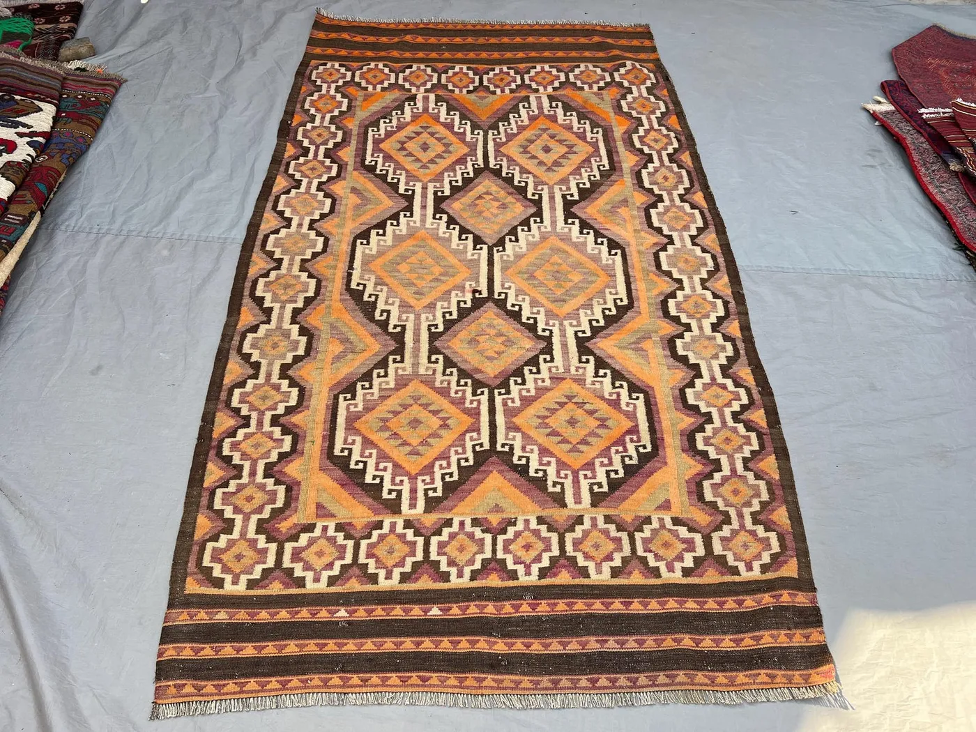 4'3x7'5 ft Vintage Afghan Kilim Rug | Handwoven Tribal Large Geometric Medallion | Fiery Orange & Dark Chocolate Brown Flatweave Living Room