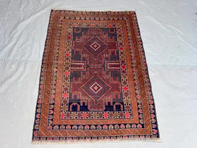 3'5x4'7 ft Vintage Afghan Pile Rug | Handknotted Tribal Double Diamond Medallion | Dark Aubergine & Warm Coppe