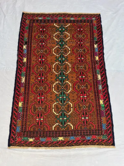 3'2x5 ft Vintage Afghan Pile Rug | Handknotted Tribal Diamond Chain Medallion | Warm Tobacco Brown & Multicolo