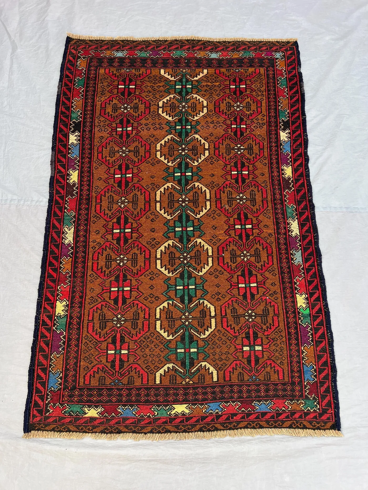 3'2x5 ft Vintage Afghan Pile Rug | Handknotted Tribal Diamond Chain Medallion | Warm Tobacco Brown & Multicolor Wool | Accent Rug Entryway
