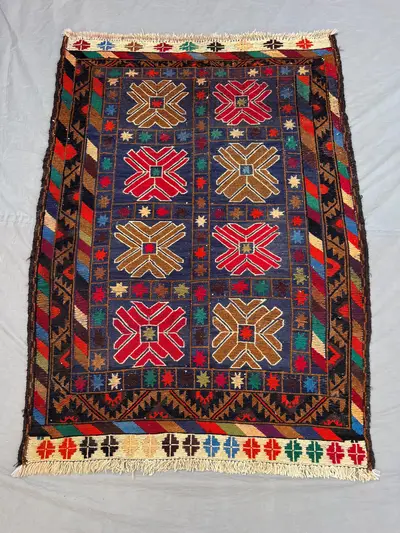3'4x4'8 ft Vintage Afghan Pile Rug | Handknotted Tribal Grid Star Medallion | Deep Navy & Multicolor Wool | Ac