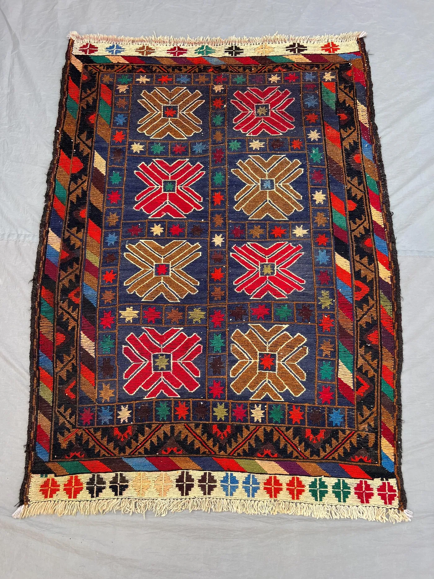 3'4x4'8 ft Vintage Afghan Pile Rug | Handknotted Tribal Grid Star Medallion | Deep Navy & Multicolor Wool | Accent Rug Entryway Bedside
