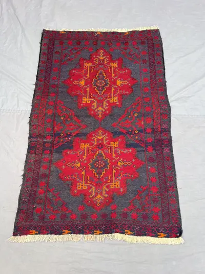 3x4'9 ft Vintage Afghan Pile Rug | Handknotted Tribal Double Star Medallion | Vivid Red & Charcoal Grey Wool |
